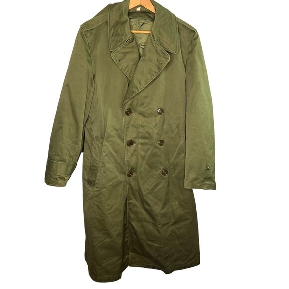 VTG US Army Korean War 1952 Olive Green Long OD-7 Field Trench Coat w/Liner Wool